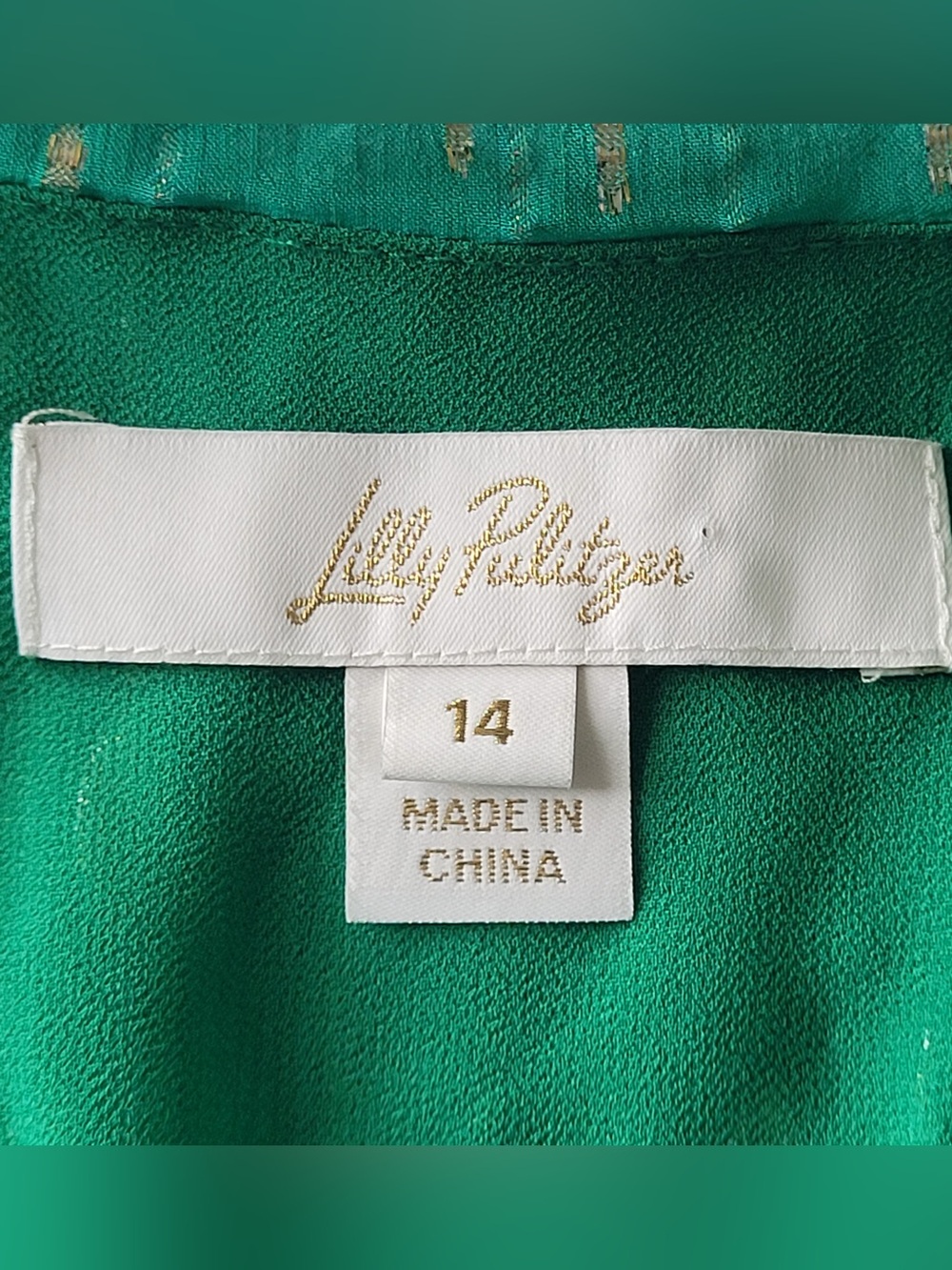 ✅ Lilly Pulitzer Cleme Long Sleeve Top Fiddle Leaf Green Mystical Metallic sz 14 - Picture 9 of 11
